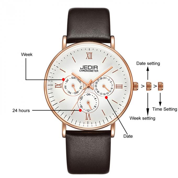WJ-7396 ขายส่ง JEDIR ยี่ห้อผู้ชายนาฬิกาออกแบบล่าสุด 3ATM ควอตซ์ Handwatches อัตโนมัติวันที่วันหนังนาฬิกาข้อมือ