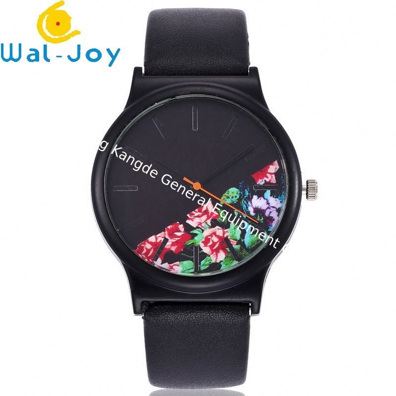 WJ-6737 Alibaba China ODM Watch Novel Flower Dial Black Leather Women's Simple Vintage Quartz Watch